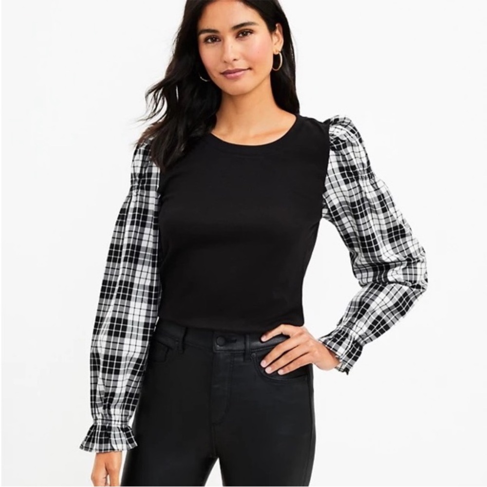 Loft Plaid Lace Trim Mixed Media Blouse size M